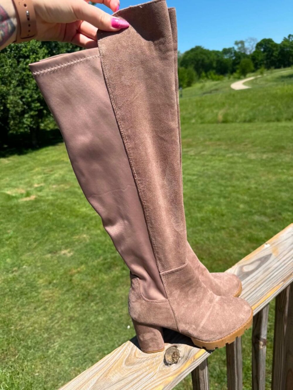 Knee High Boots Chunky Heel Suede Taupe Minimalist Clean Girl 3358 size 8 1/2